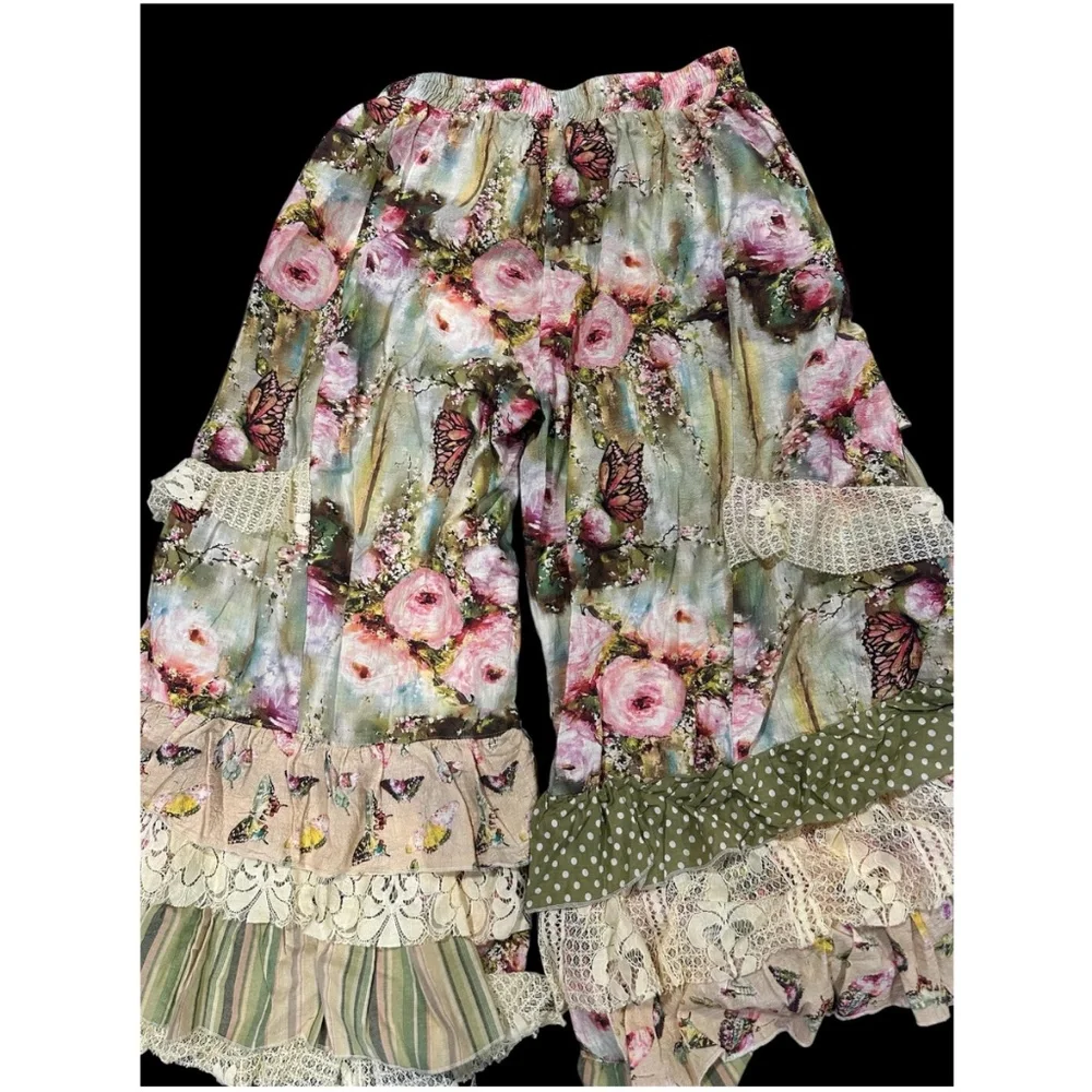 Boho Cotton Floral Butterfly Print Stretchy Waist Ruffle detail Pants - Picture 3 of 4